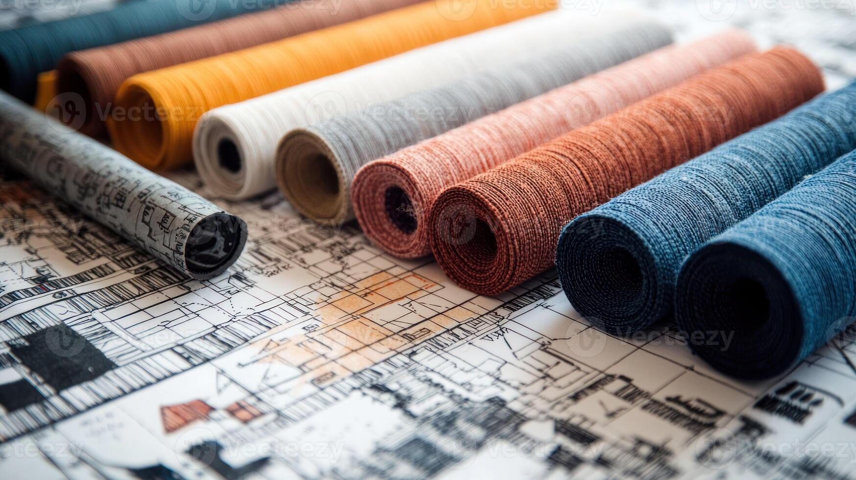 Rolls of fabric with a variety of colors and textures on a blueprint. photo