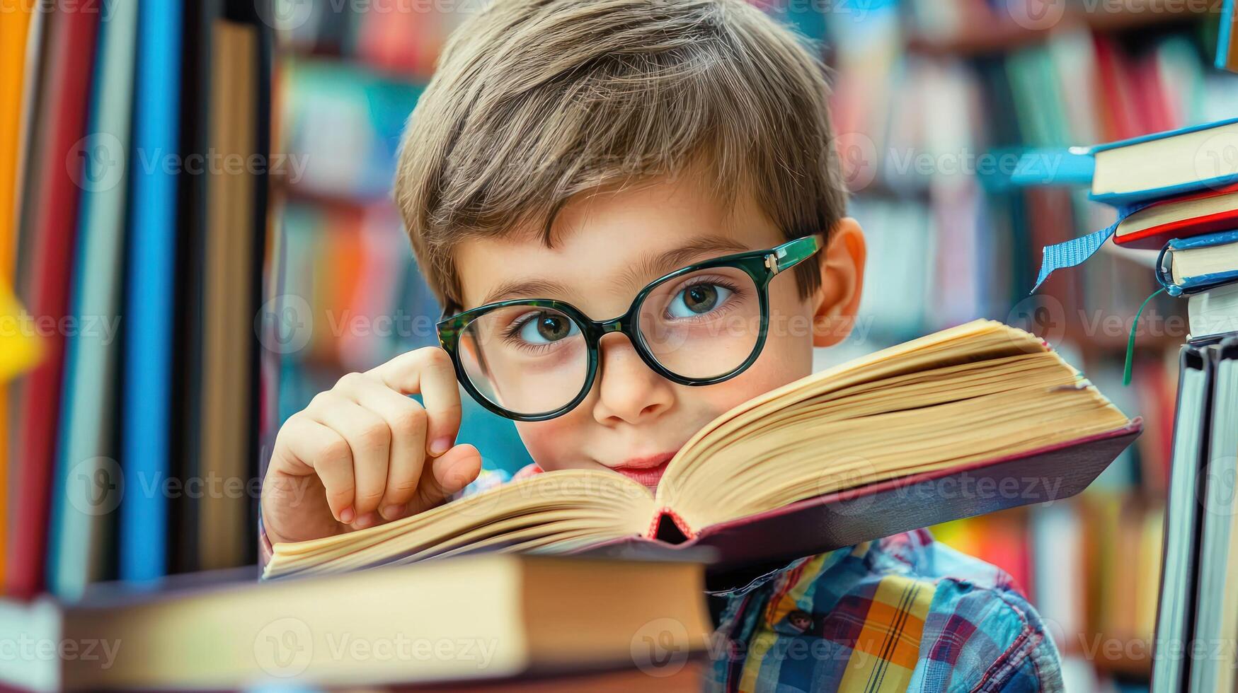 A young boy wearing glasses, holding an open book in front of his face, surrounded by a stack of books in a library. photo