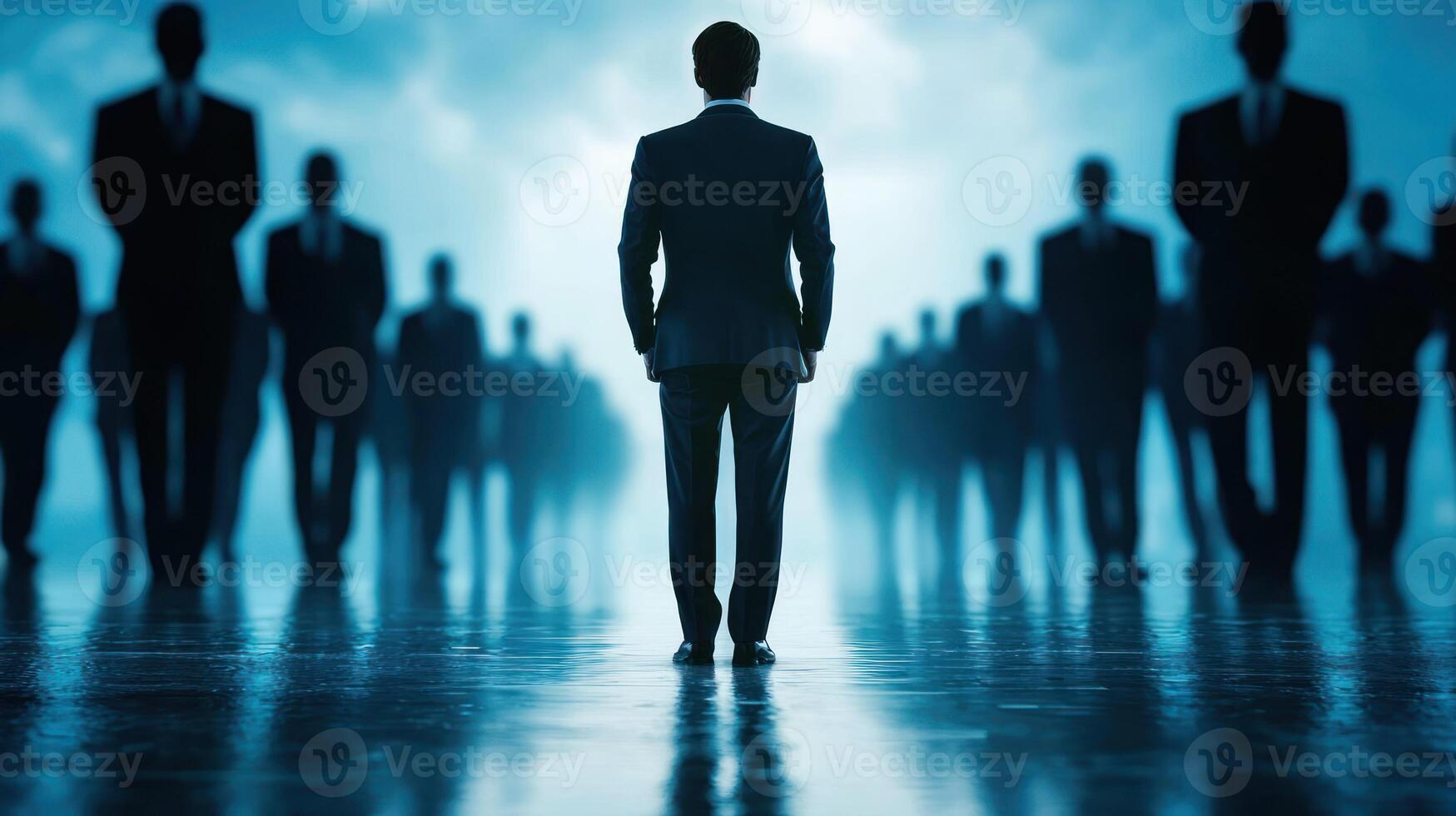 A man in a suit standing in front of a crowd of people, with a blue and white sky in the background. photo
