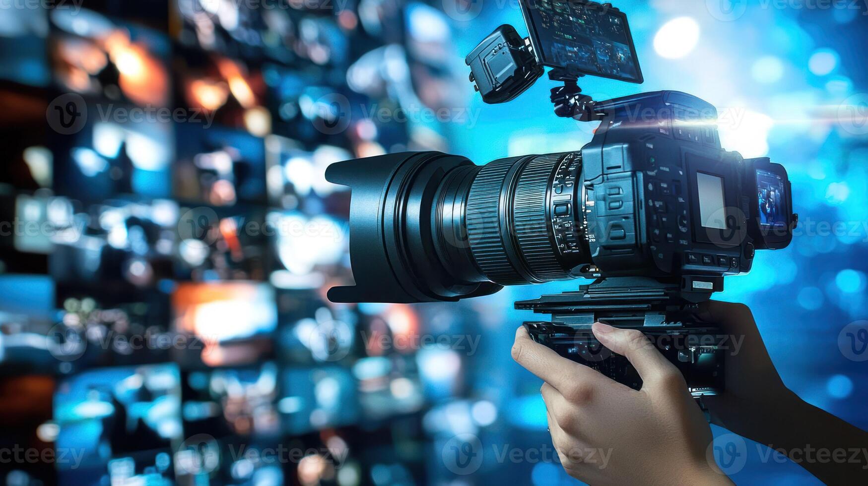 A person holding a camera with a large lens, capturing a blurred image of a television screen with multiple screens in the background. photo