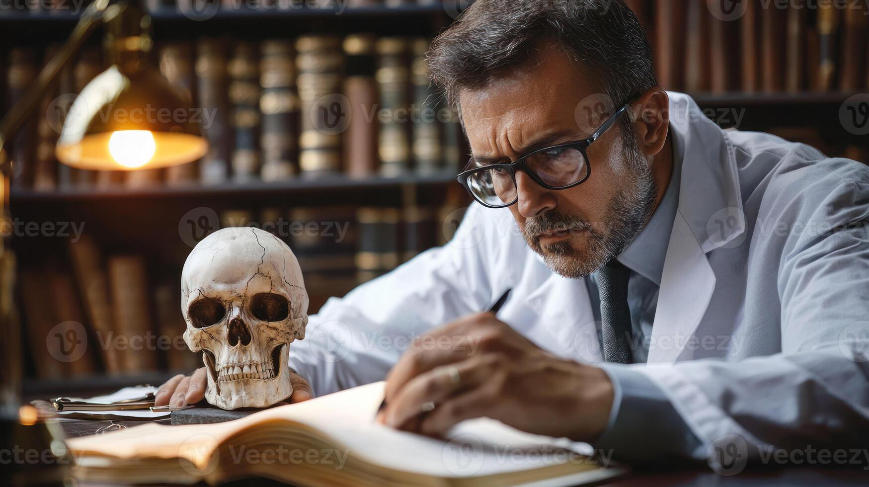 A man in a lab coat, wearing glasses, is sitting at a desk with a human skull in front of him, writing in a notebook. photo