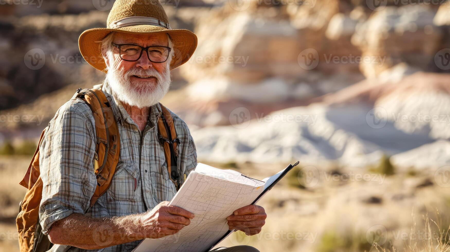 An elderly man with a beard and glasses, wearing a hat, holding a map and sitting in a desert landscape. photo