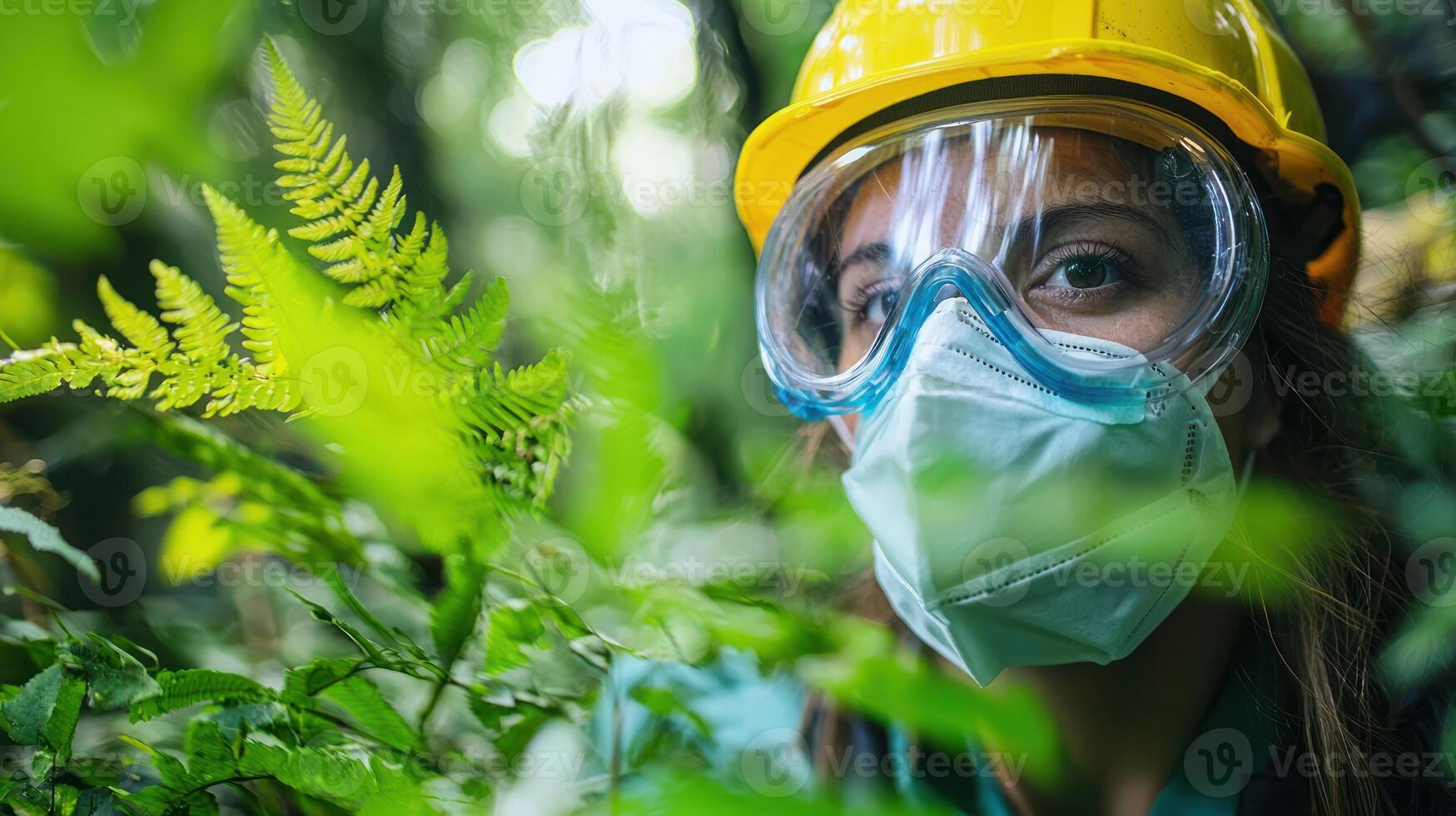 A woman wearing a yellow helmet and goggles, standing in a lush green forest with ferns and other vegetation, looking at the camera with a serious expression. photo
