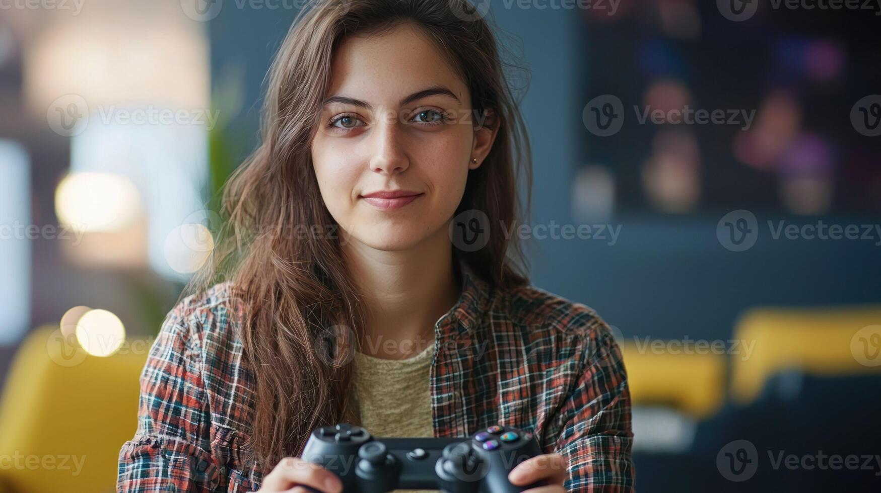 A young woman holding a game controller in a dimly lit, cozy living room with a blue and yellow sofa and a large window with a view of a city skyline. photo