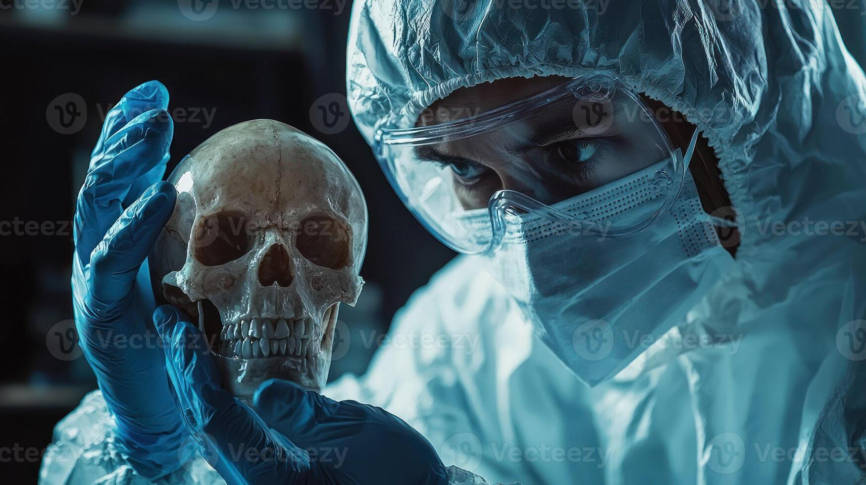 A forensic scientist in protective gear examining a human skull in a laboratory setting. photo