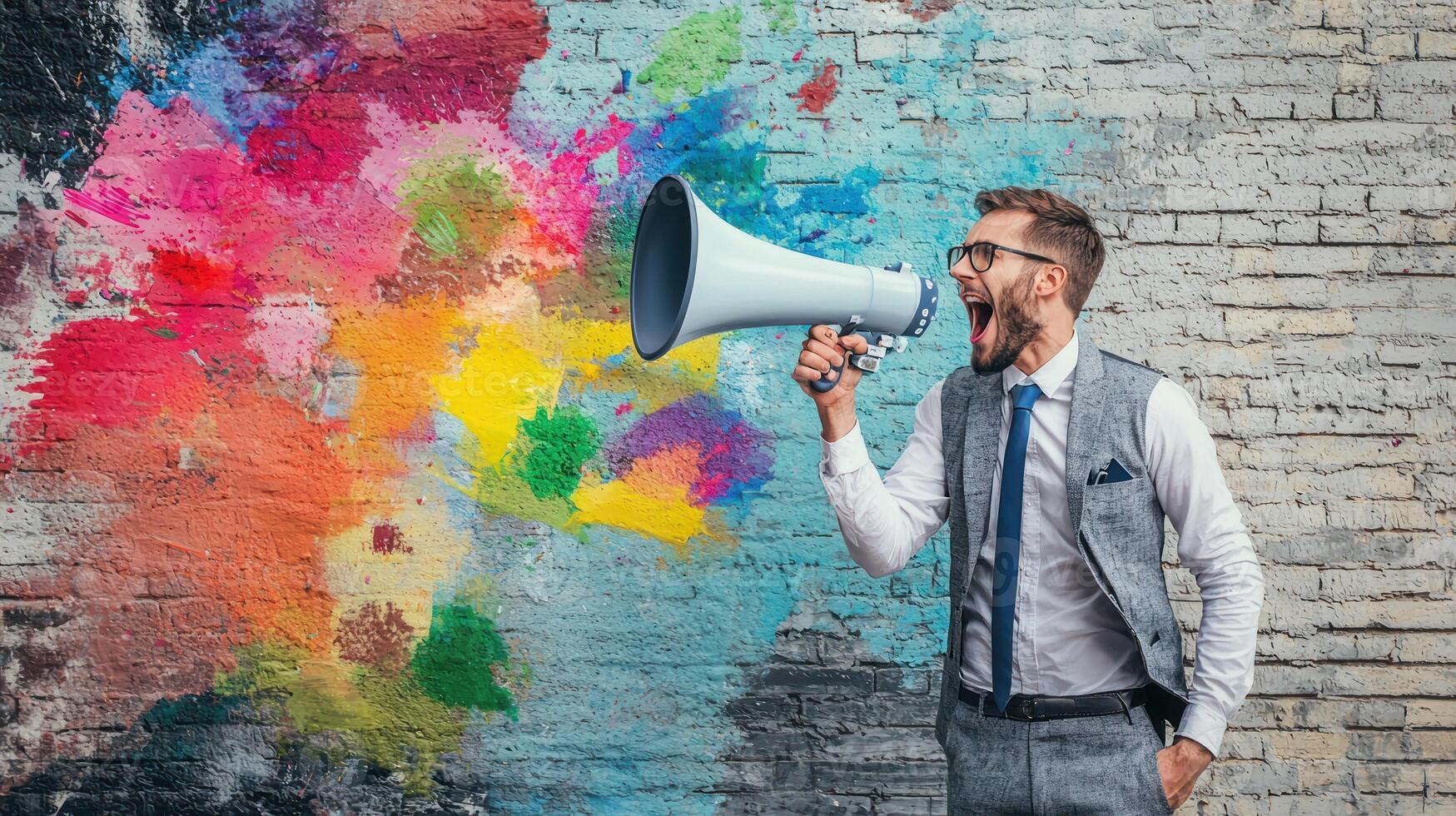 A man in a suit and tie, holding a megaphone, speaking into it, with a colorful, graffiti-covered brick wall in the background. photo