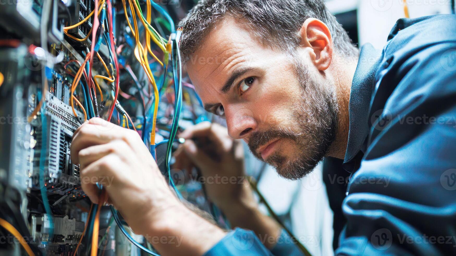 A man with a beard, wearing a blue shirt, is working on a server with a variety of cables and wires. photo