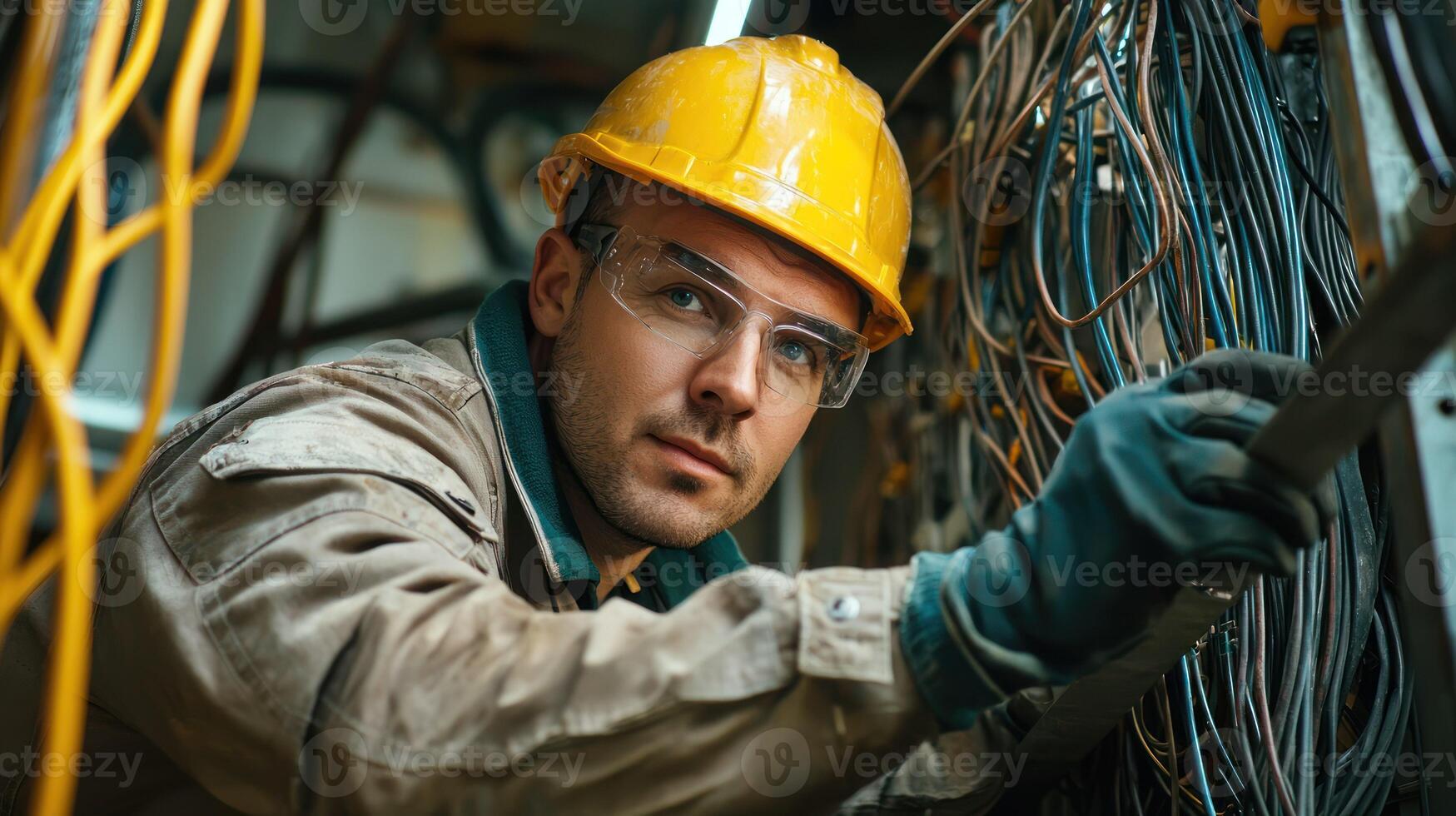 A man in a hard hat and safety glasses, working on a network server, surrounded by cables and wires. photo
