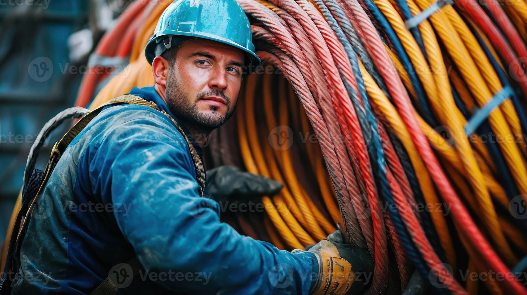 A man in a blue uniform and hard hat, holding a large bundle of colorful cables in a warehouse setting. photo