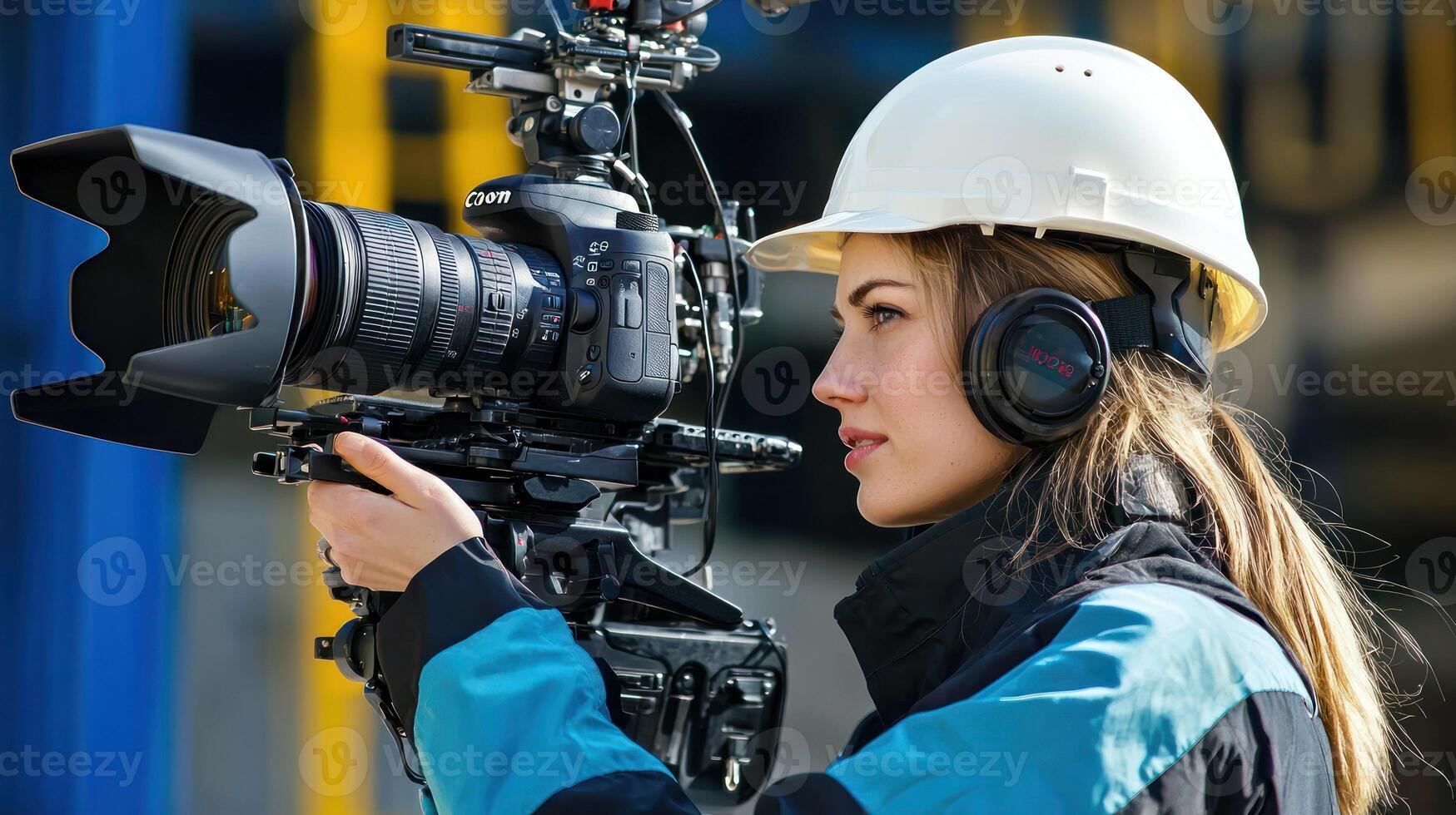 A female construction worker wearing a hard hat and earphones, holding a camera, standing in front of a construction site with a blue and yellow background. photo