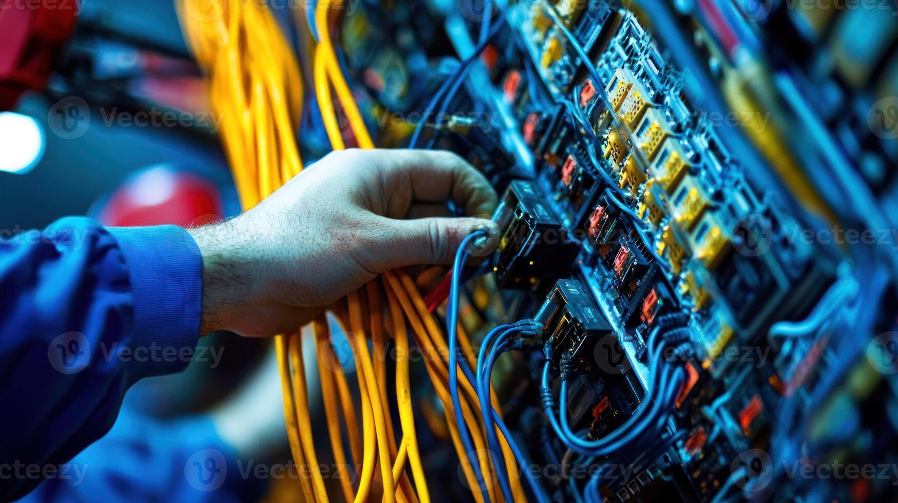A hand holding a yellow cable in a technical setting with various electrical components and wires. photo
