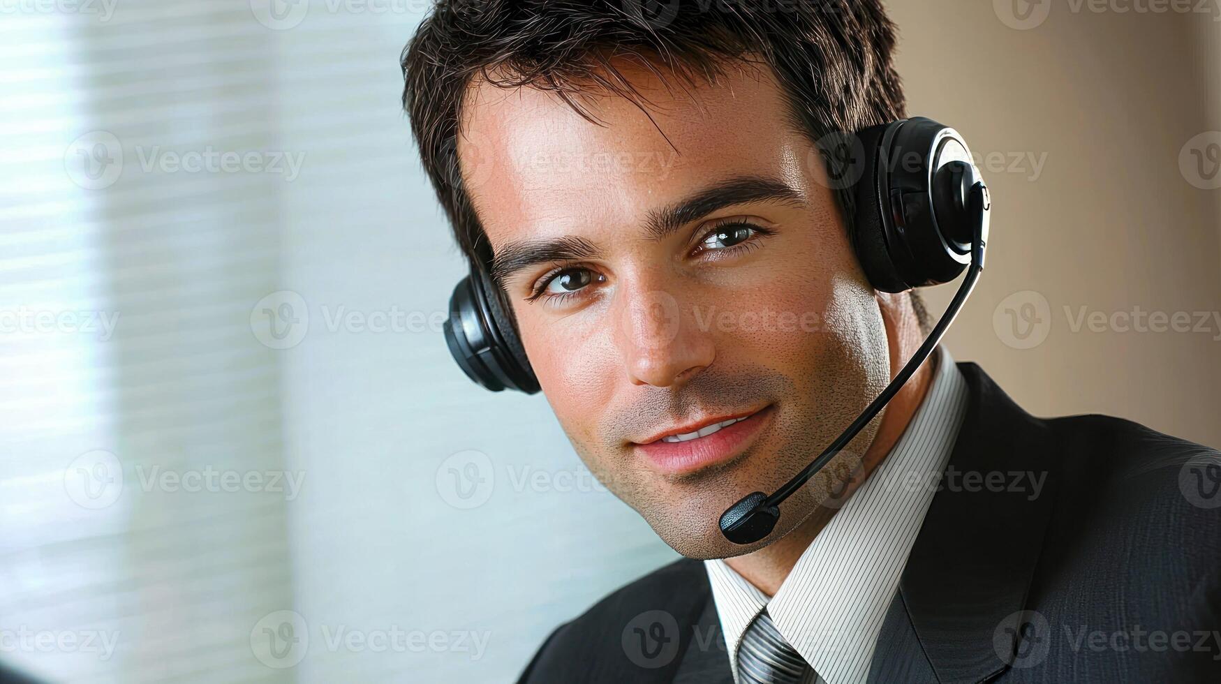 A man wearing a suit and tie, smiling and wearing a headset, with a window in the background. photo