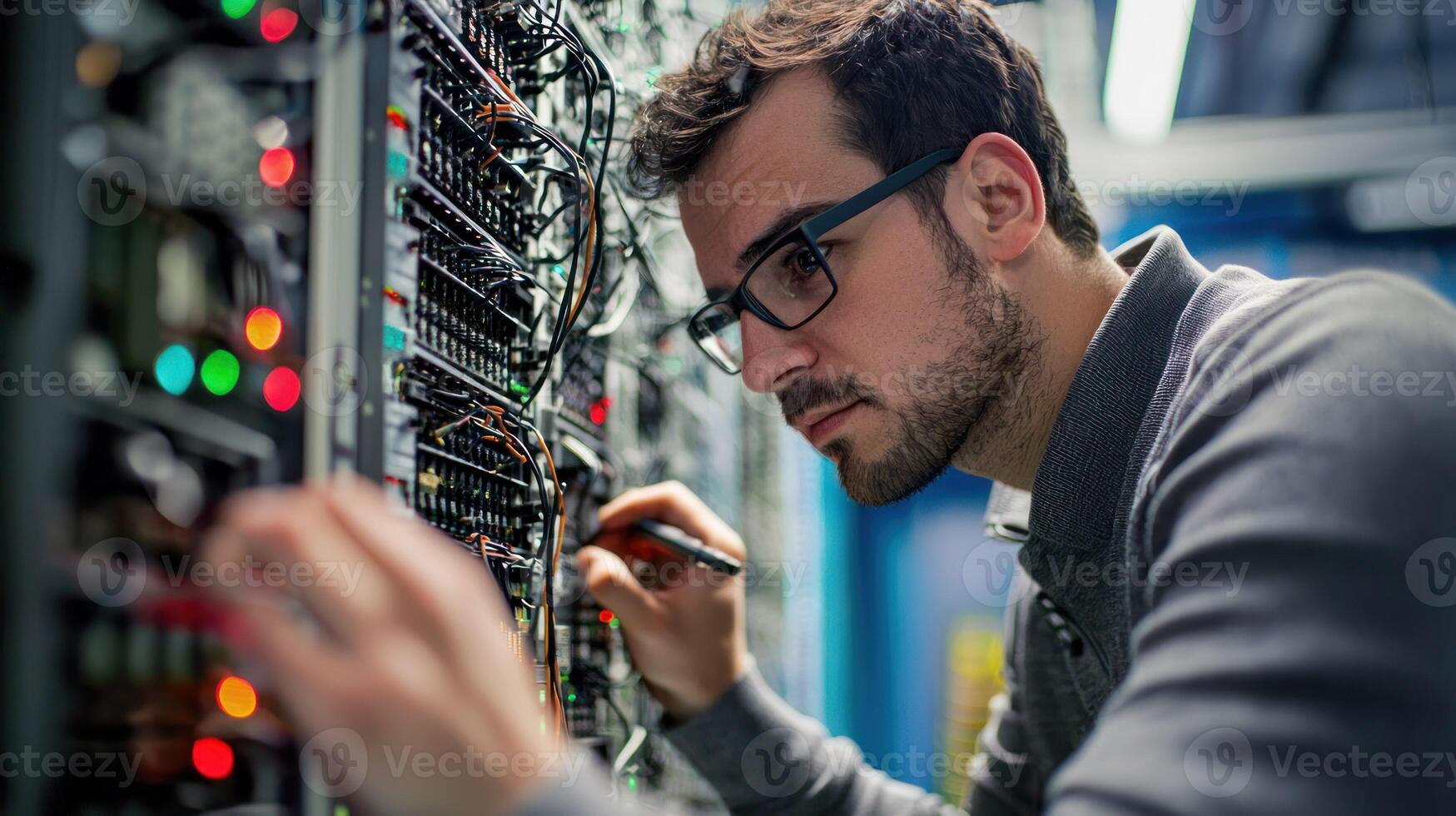 A man in a server room, wearing glasses, working on a server with a screwdriver, surrounded by servers and cables. photo