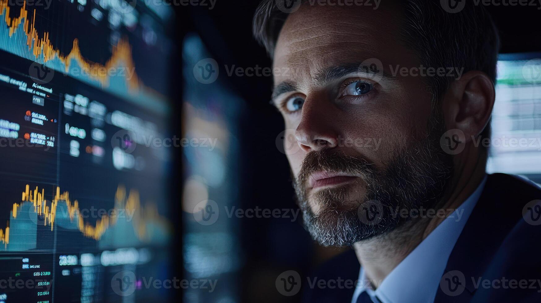 A man in a suit, looking at a computer screen with financial data, in a dimly lit office with multiple computer monitors in the background. photo