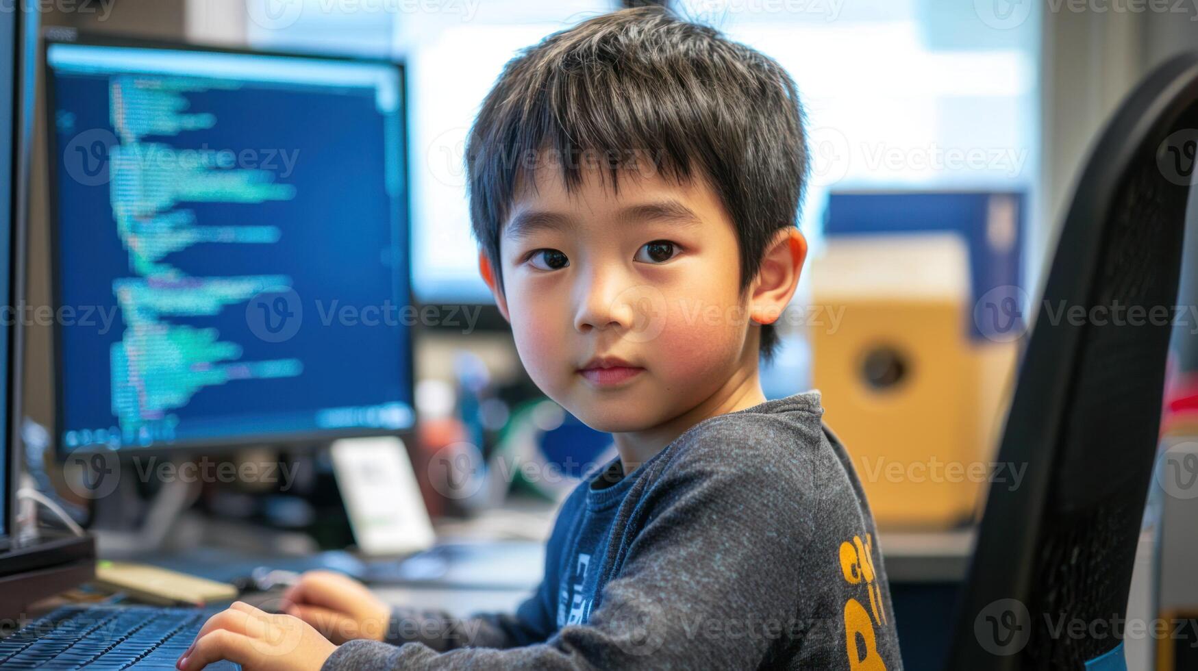 A young boy sitting at a desk with a computer, wearing a gray shirt with a yellow design, looking at the camera with a serious expression. photo