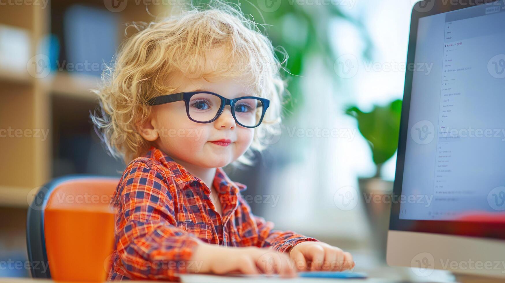 A young child wearing glasses, sitting at a desk with a computer monitor in front of them, typing on a keyboard. photo
