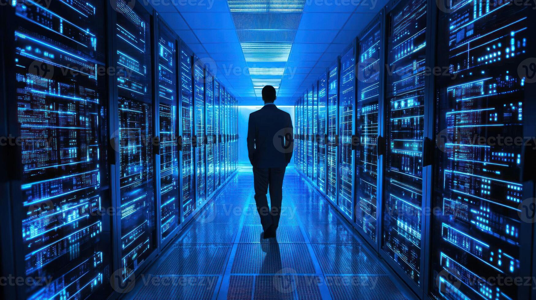 A man in a suit walking down a hallway with server racks in a data center. photo