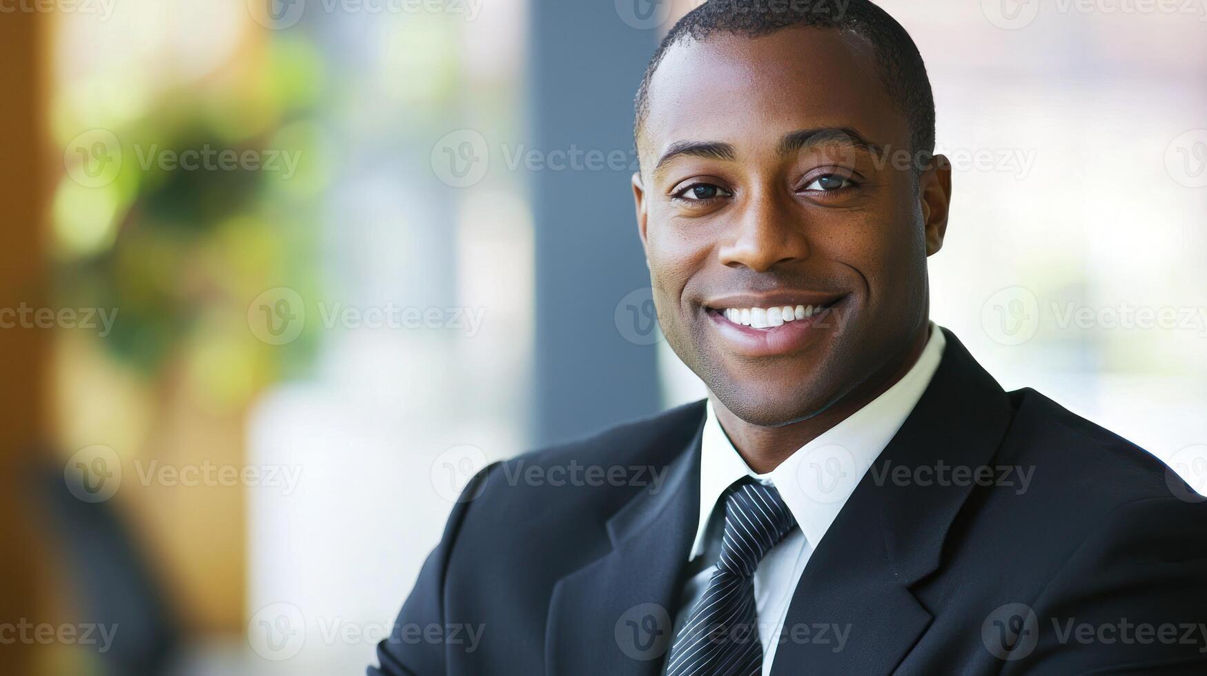 A confident, smiling African American businessman in a suit and tie, standing in an office with a window in the background. photo