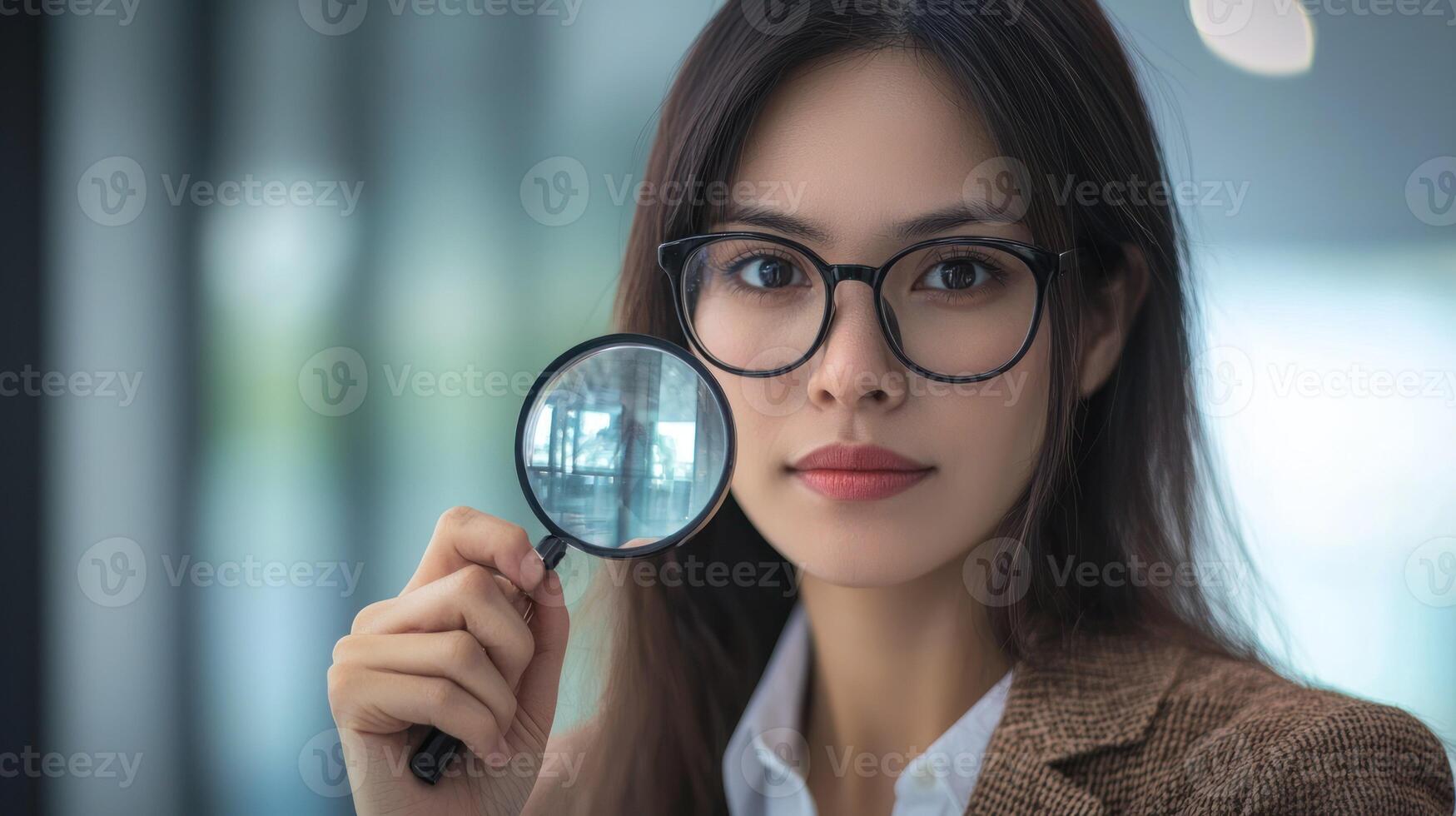 A young woman wearing glasses holding a magnifying glass in front of her face. photo
