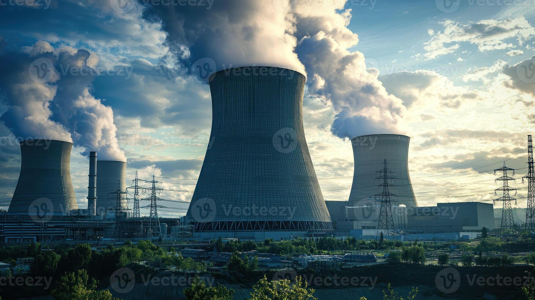 Four nuclear power plants emitting smoke against a blue sky with white clouds photo