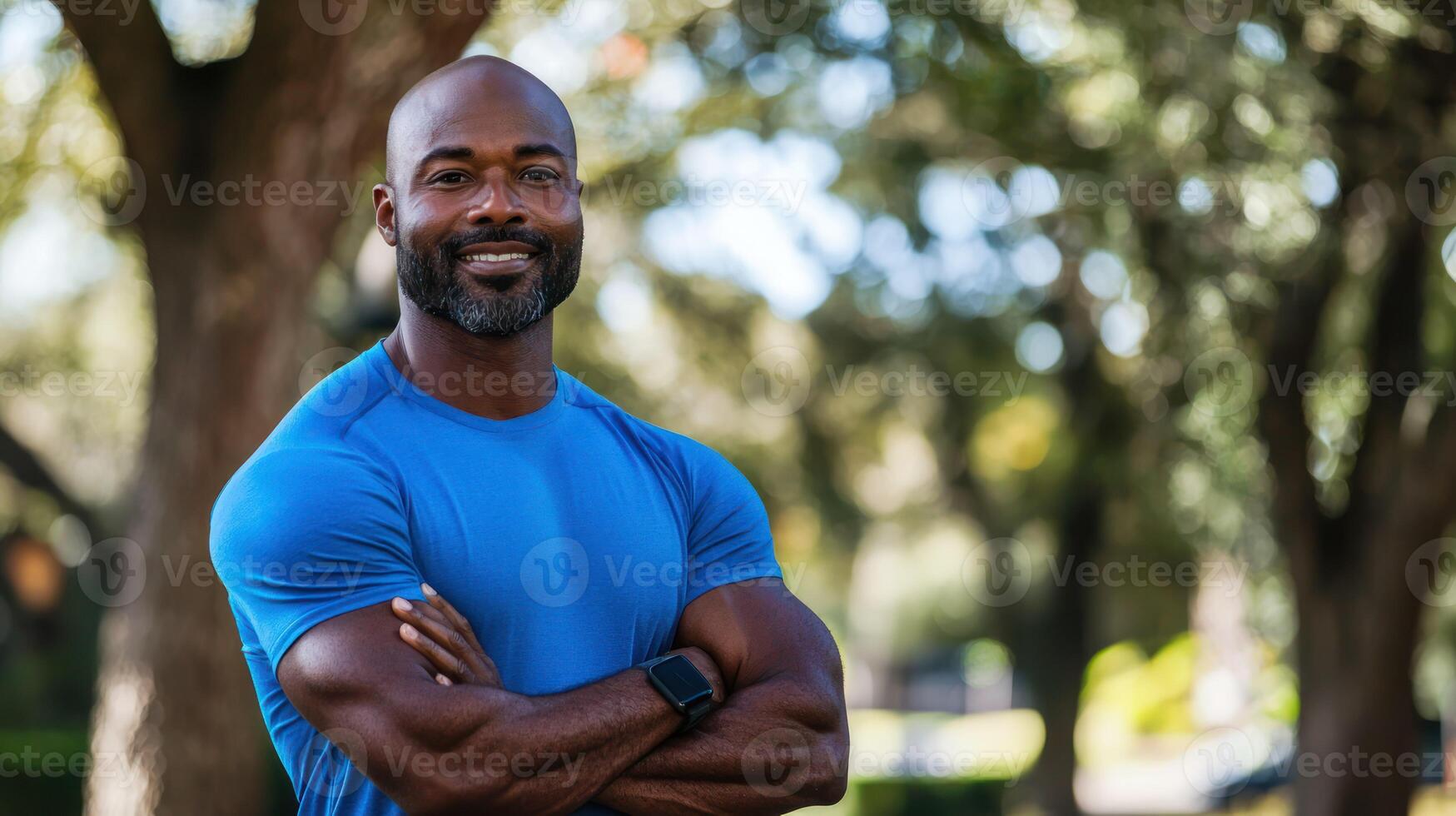 A smiling, confident, middle-aged man with a beard, wearing a blue shirt, standing outdoors in a park with trees and greenery in the background. photo