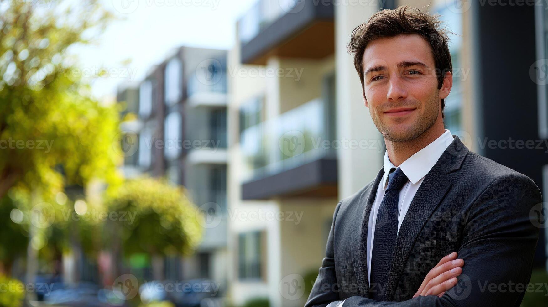 A confident young businessman standing in front of a modern apartment building, wearing a suit and tie, with his arms crossed, smiling at the camera. photo