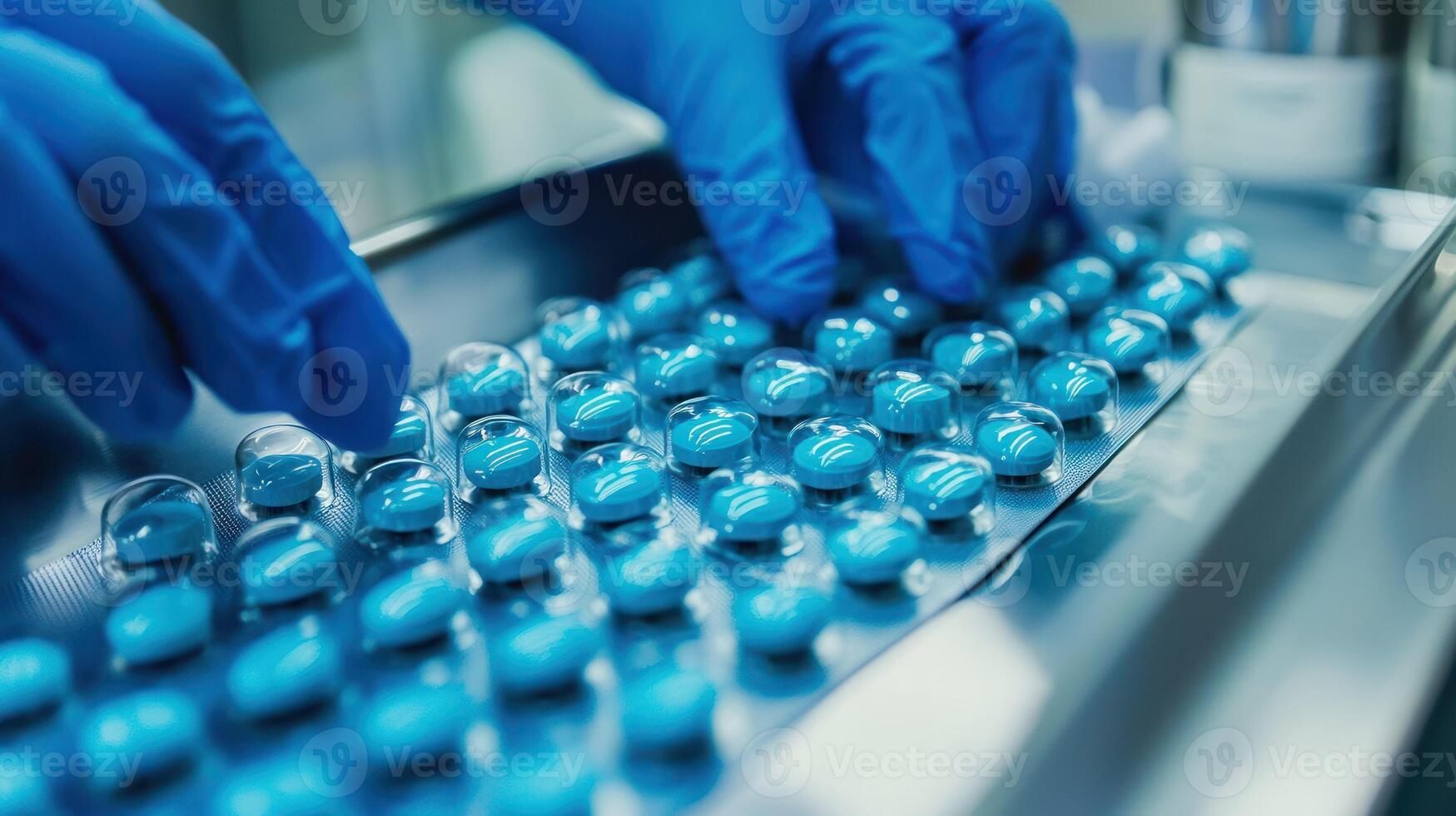 A pair of blue and green pills being sorted by a gloved hand in a laboratory setting. photo