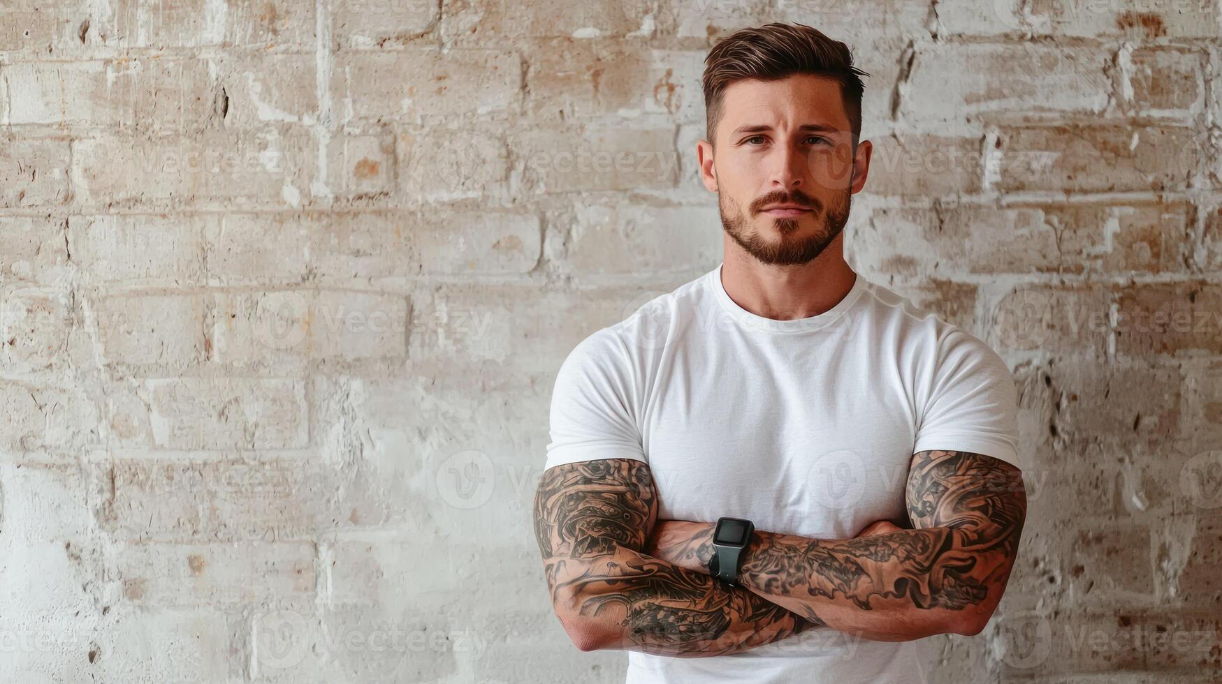A muscular man with tattoos standing in front of a brick wall. photo