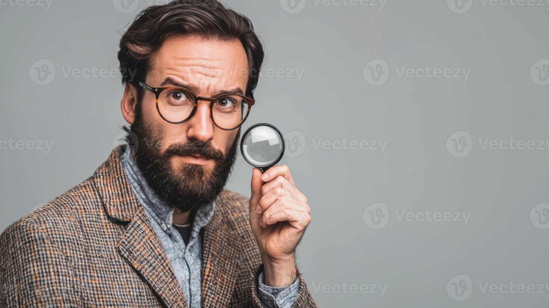 A man with a beard and glasses holding a magnifying glass, looking through it, against a gray background. photo