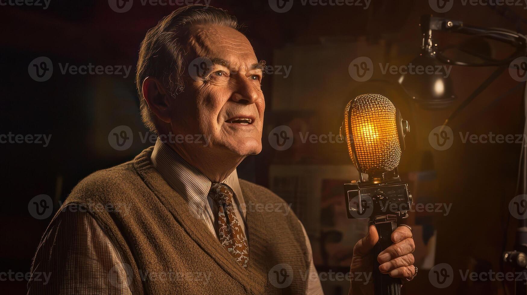 An older man with a mustache, wearing a brown vest and a tie, holding a microphone in a dimly lit room with a vintage camera on a table in the background. photo