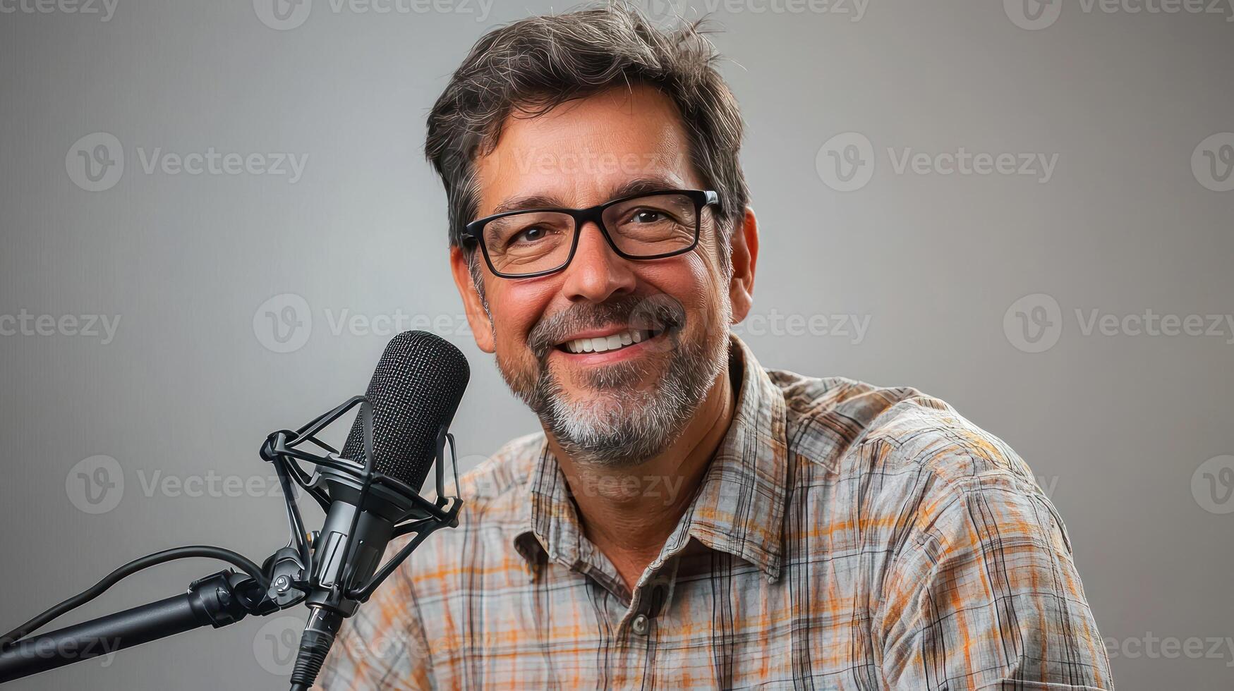 A man with glasses smiling, wearing a plaid shirt, standing in front of a microphone with a gray background. photo