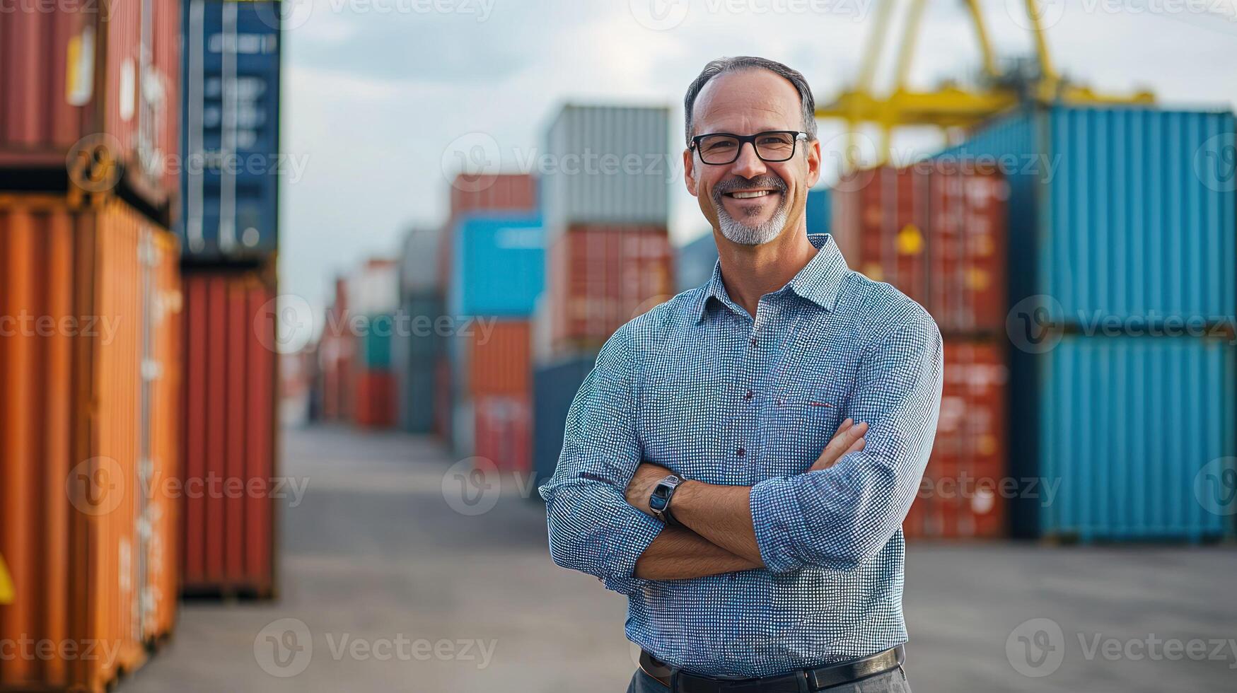 A man standing in front of a container yard with a smile on his face. photo