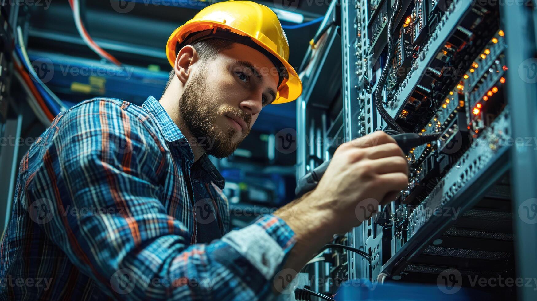 A man in a hard hat working on a server in a data center. photo
