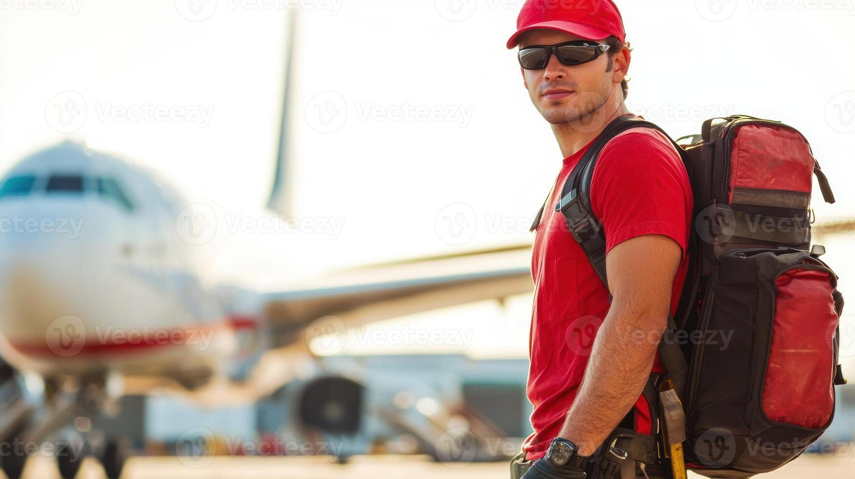 A man in a red shirt and hat, carrying a backpack, standing in front of an airplane on a tarmac. photo