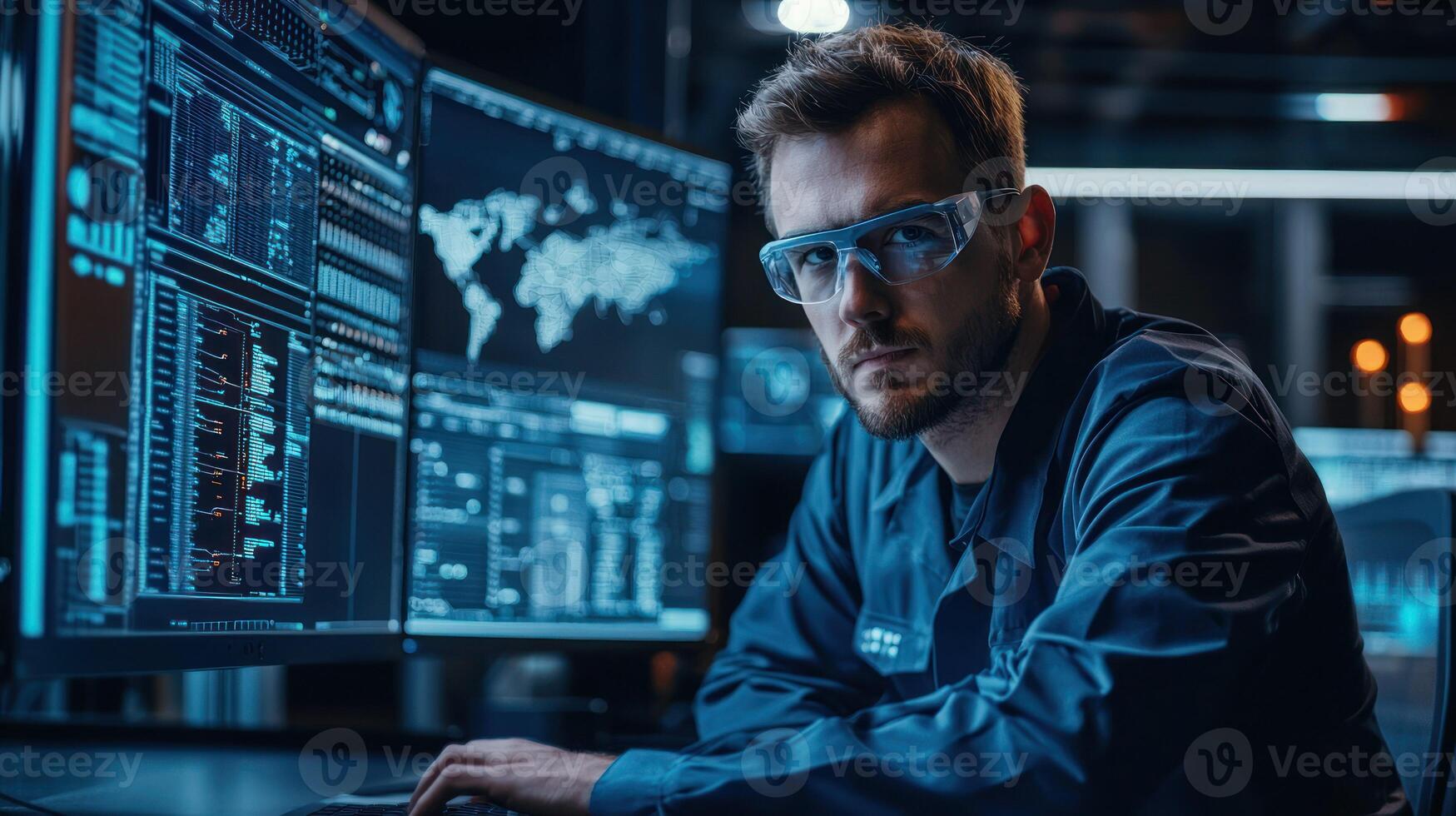 A man wearing safety goggles and a lab coat, sitting at a desk with multiple computer monitors displaying data and charts. photo