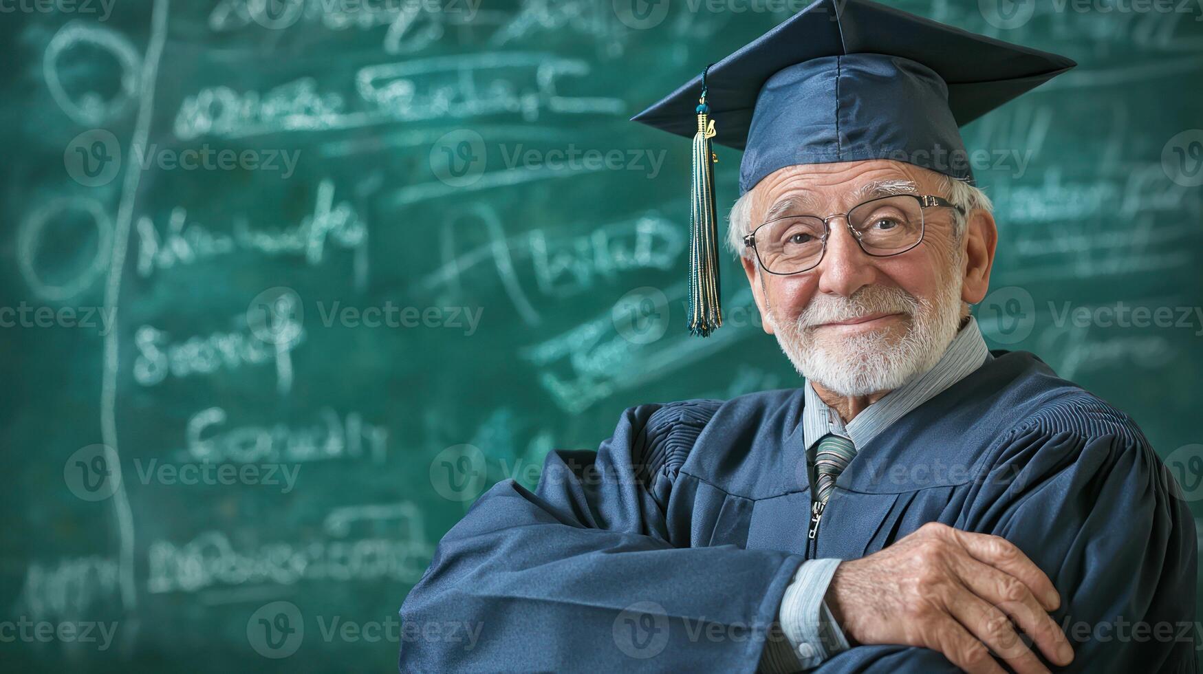 An elderly man in a graduation cap and gown standing in front of a chalkboard with mathematical equations written on it. photo