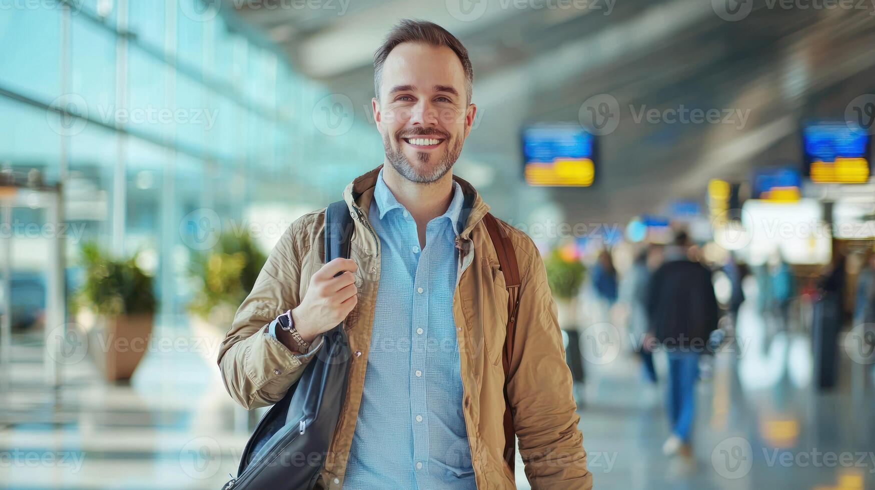 A man walking through an airport terminal, smiling and holding a suitcase. photo