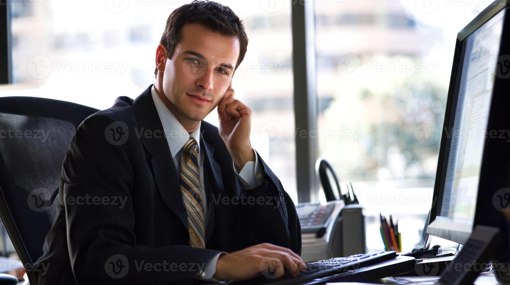 A young businessman wearing a suit and tie, seated at a desk with a computer monitor in front of him, surrounded by office supplies and a window with a view of a city skyline. photo