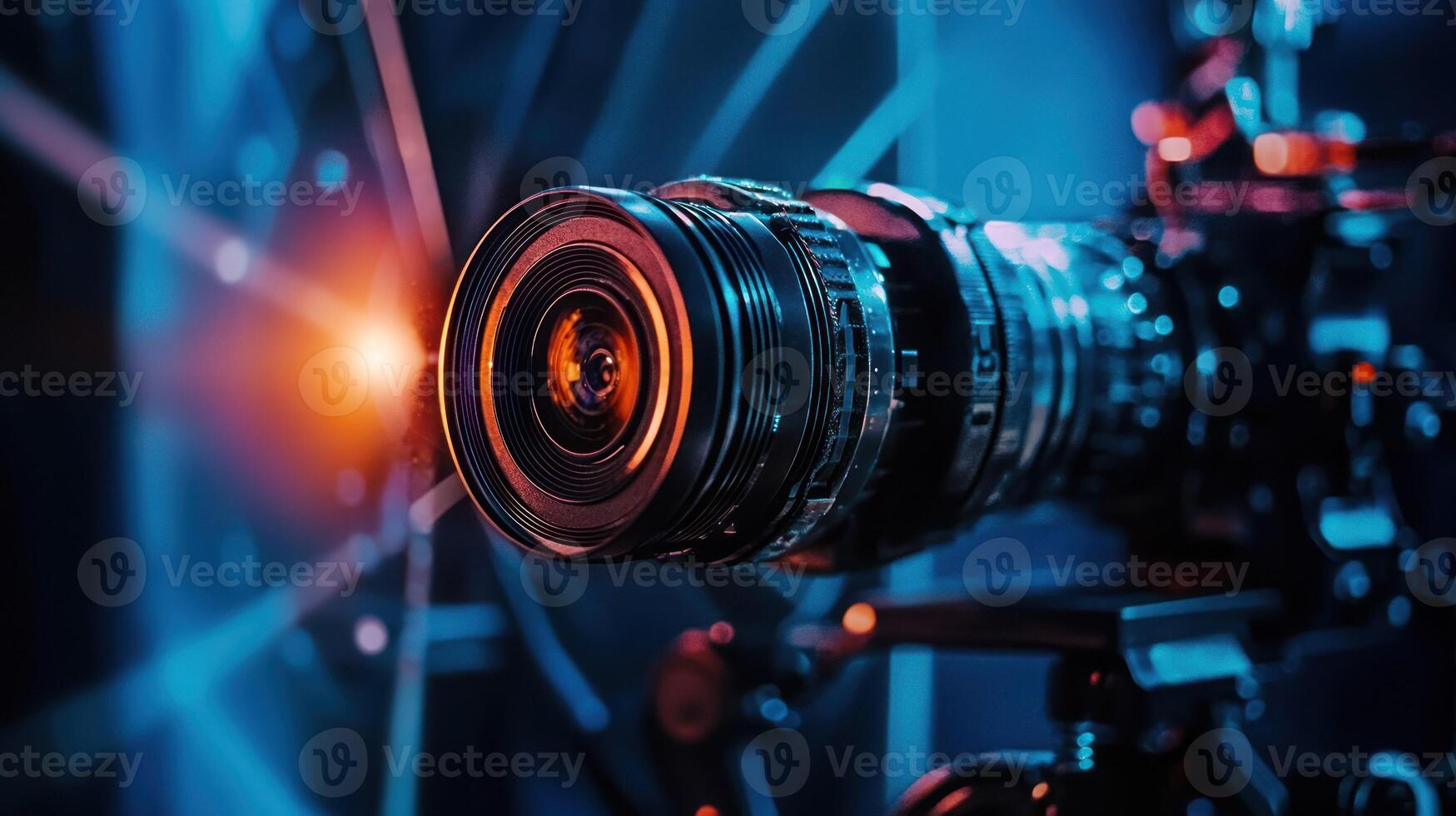 A professional camera with a lens in focus, capturing a bright, colorful, and dynamic scene with vibrant lights and a blurred background. photo