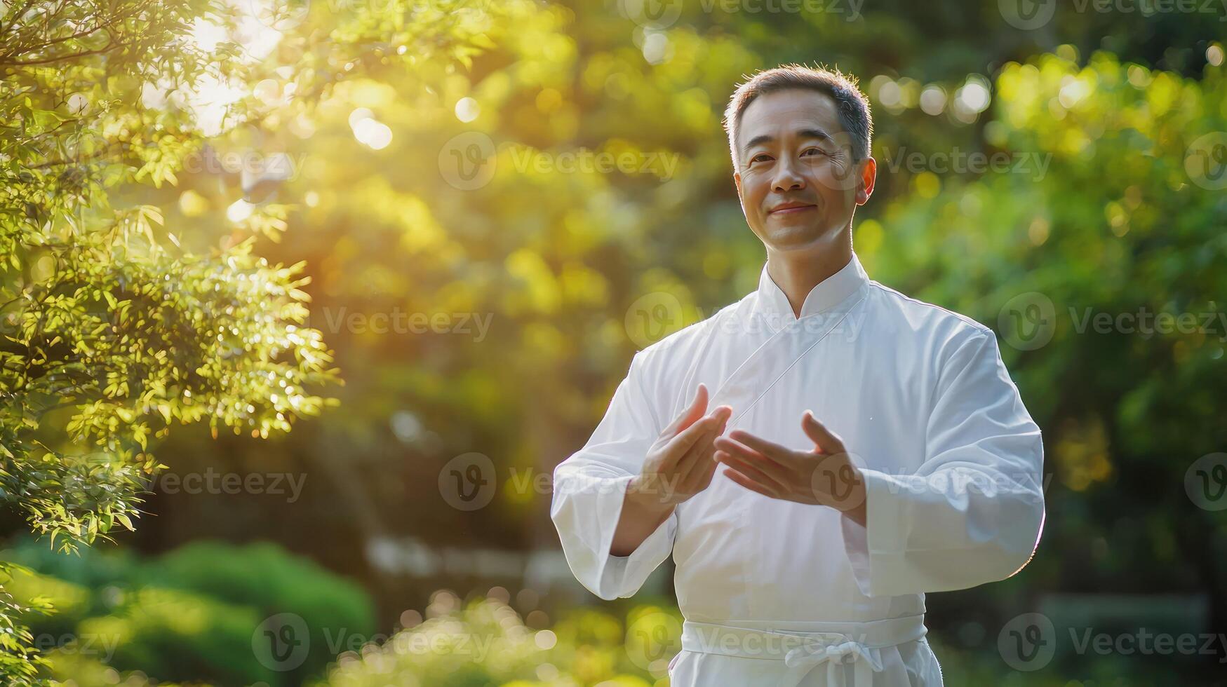 A man in a white robe standing in a garden with greenery in the background. photo