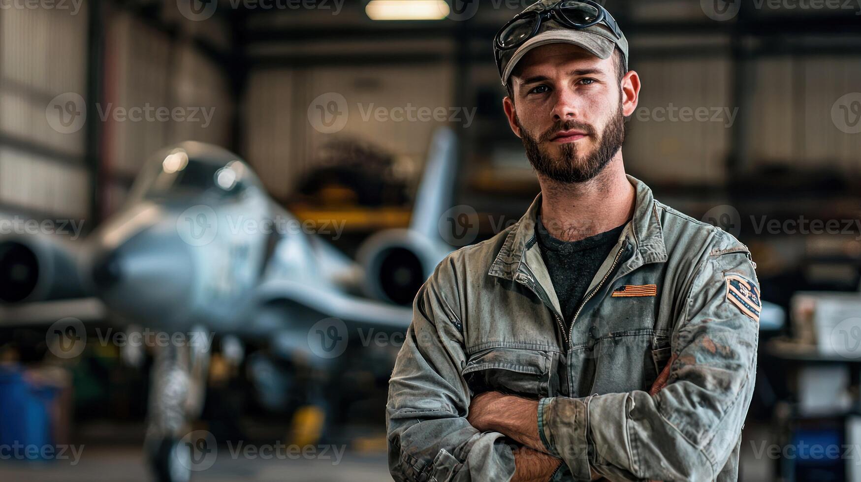 A man in a military uniform stands in a hangar with a fighter jet in the background. photo