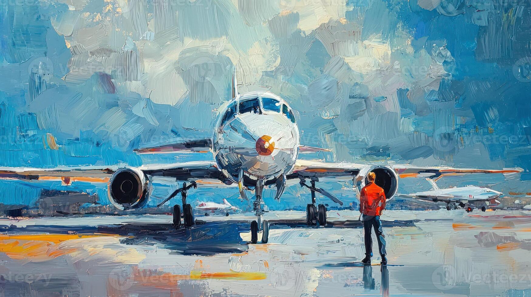 A man in a red jacket standing next to a silver airplane on a runway with a blue sky and clouds in the background. photo