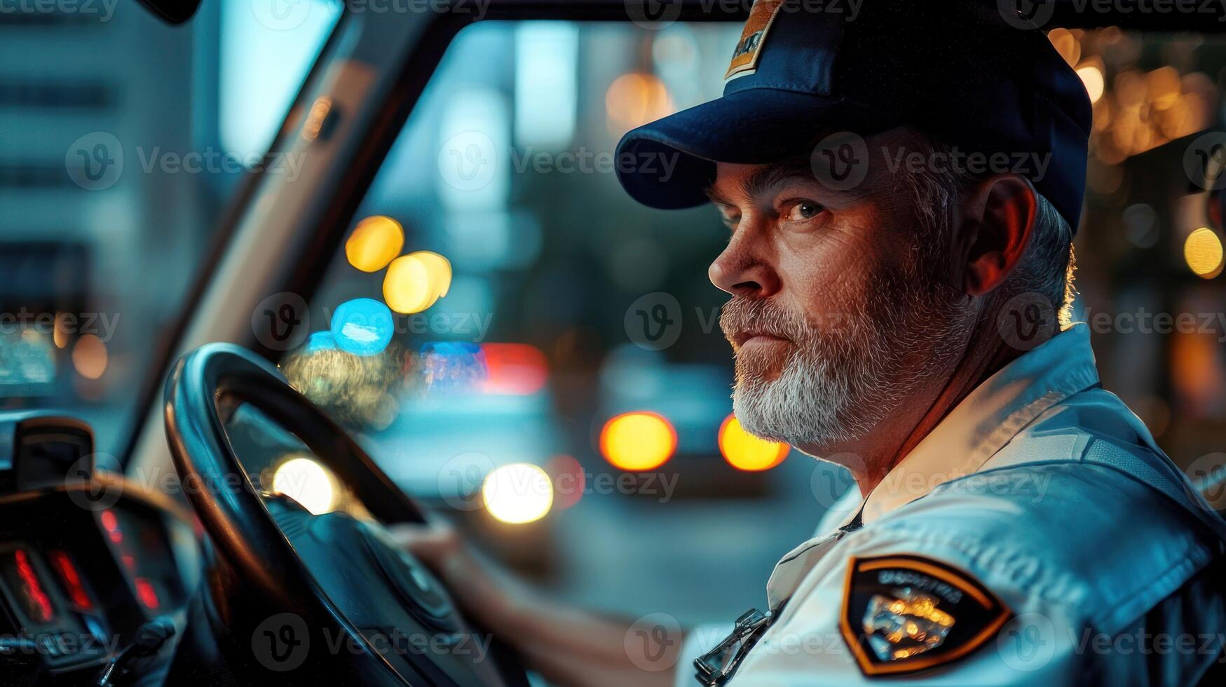 A police officer driving a police car at night, with the city lights in the background. photo