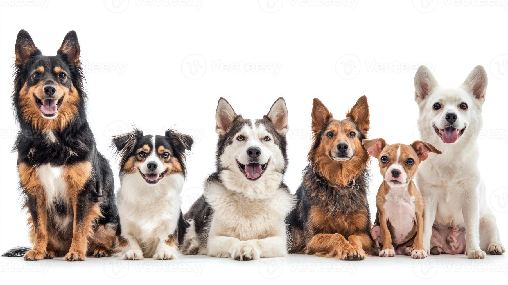 A group of dogs sitting in a row on a white background. photo
