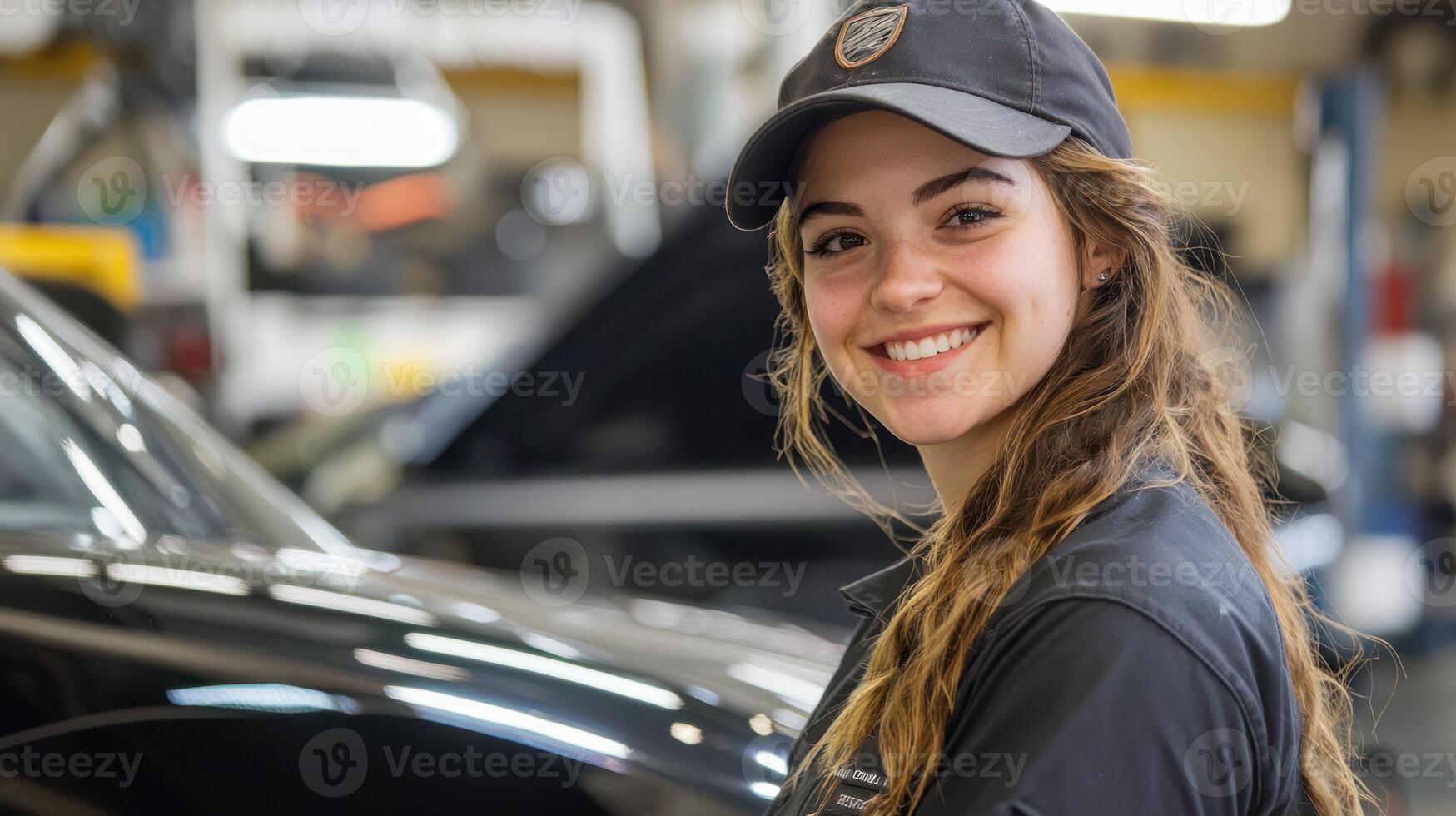 A young woman in a black uniform smiling in a workshop with a car in the background. photo