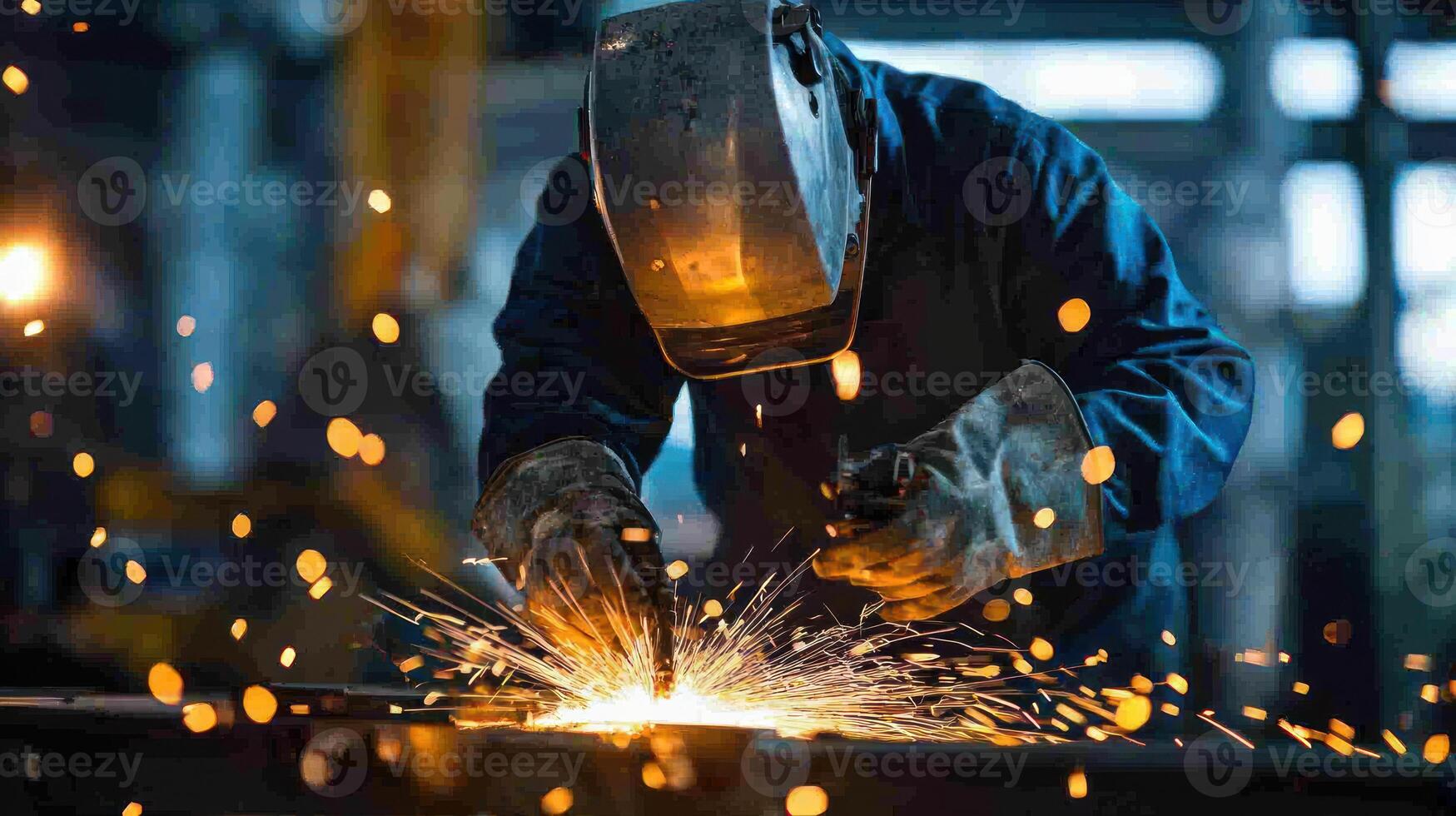 A welder in a protective helmet and gloves is welding a piece of metal in a factory setting. photo