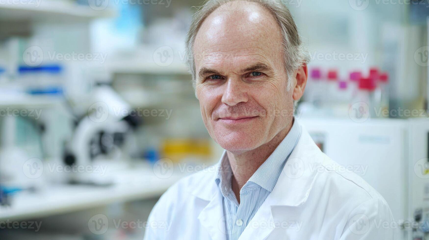 A middle-aged man in a white lab coat standing in a laboratory with a microscope in the background. photo