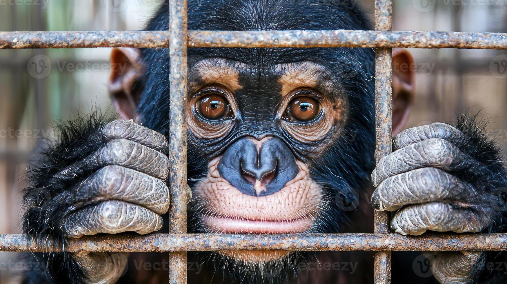 A young chimpanzee with a curious expression, peeking through a metal cage in a zoo enclosure. photo