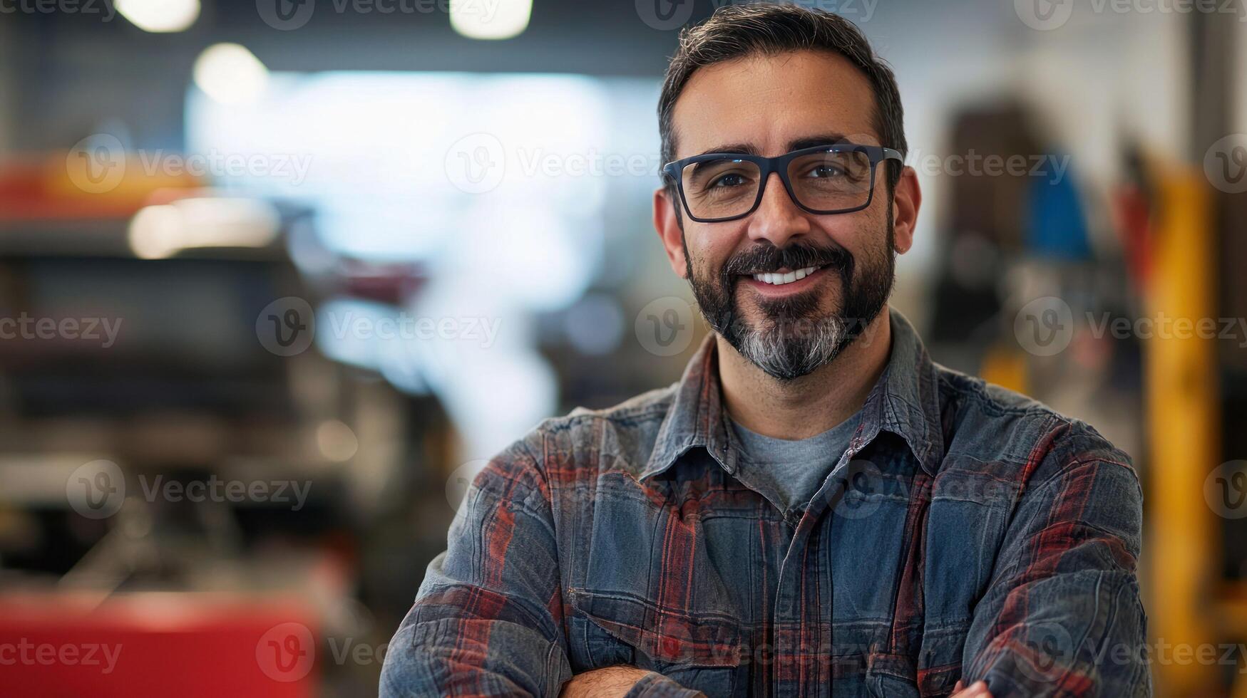 A man with a beard and glasses smiling in a workshop with tools and machinery in the background. photo