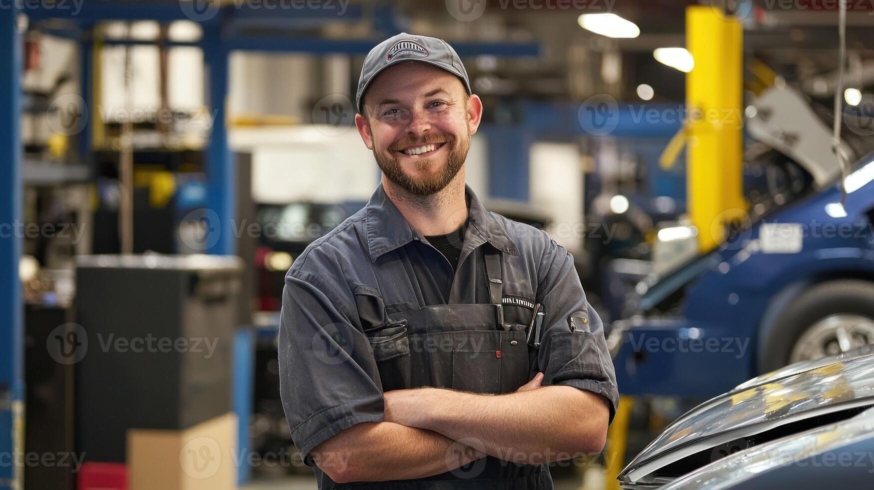 A smiling man in a uniform standing in a workshop with a car in the background. photo